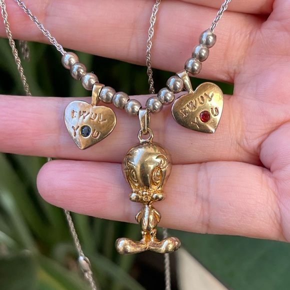 Vintage Jewelry - Rare Tweety bird & “TWUV YOU” gold plated sterling silver charm pendant & chain